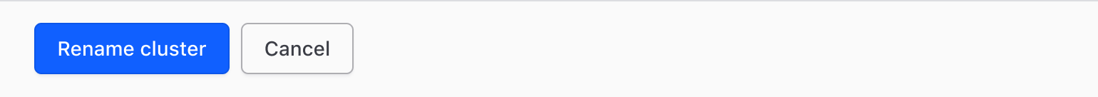 Modal footer example with two buttons: a primary 'Rename cluster' button and a secondary 'Cancel' button